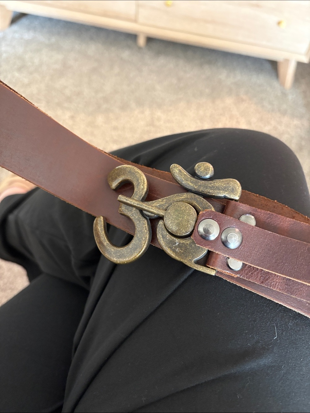 OM symbol-Brown Leather Belt with Antiqued Brass Statement Buckle - Picture 4 of 5